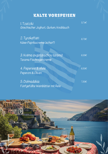 Speisekarte mit kalten Vorspeisenangeboten und Preisen. Mediterrane Gerichte.